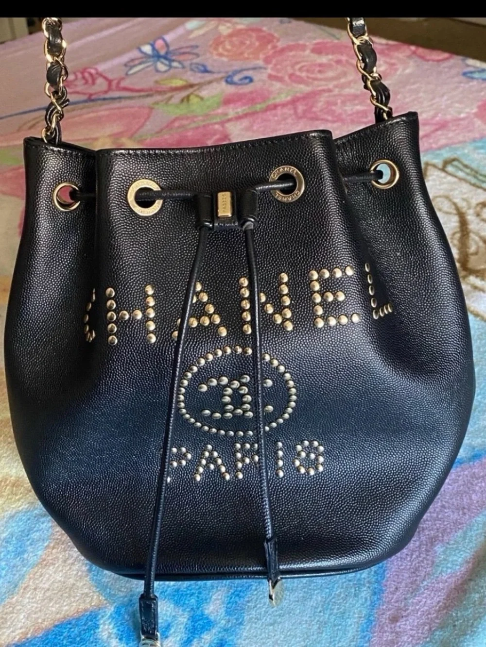 Chanel Bucket Black/gold Caviar Crossbody Studded small Mini CC Flap WOC Worn 1x